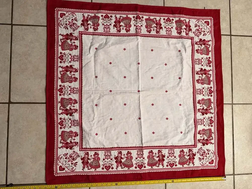 Austrian Folk Art Woven Table Topper Tapestry Dutch Couple Red White Square